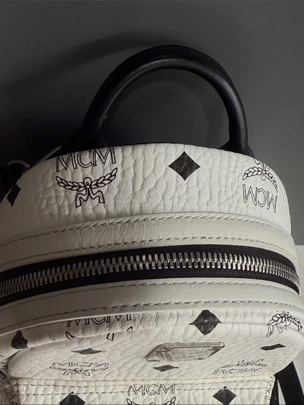 MCM White Mini Visetos Logo Backpack with Black and Silver Accents with COA